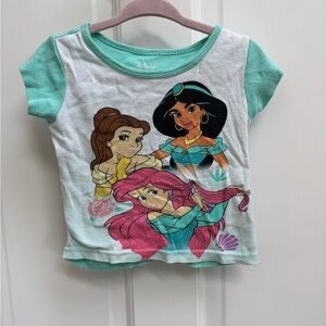 Disney 2T Girls White & Green Short Sleeve Tee Belle, Jasmine, Ariel Pajama Top